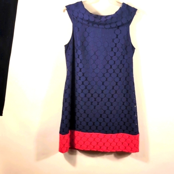 Adrianna Papell Navy Blue & Coral Pink Sheath Dot Retro Mod Dress Size 14 - Picture 2 of 16